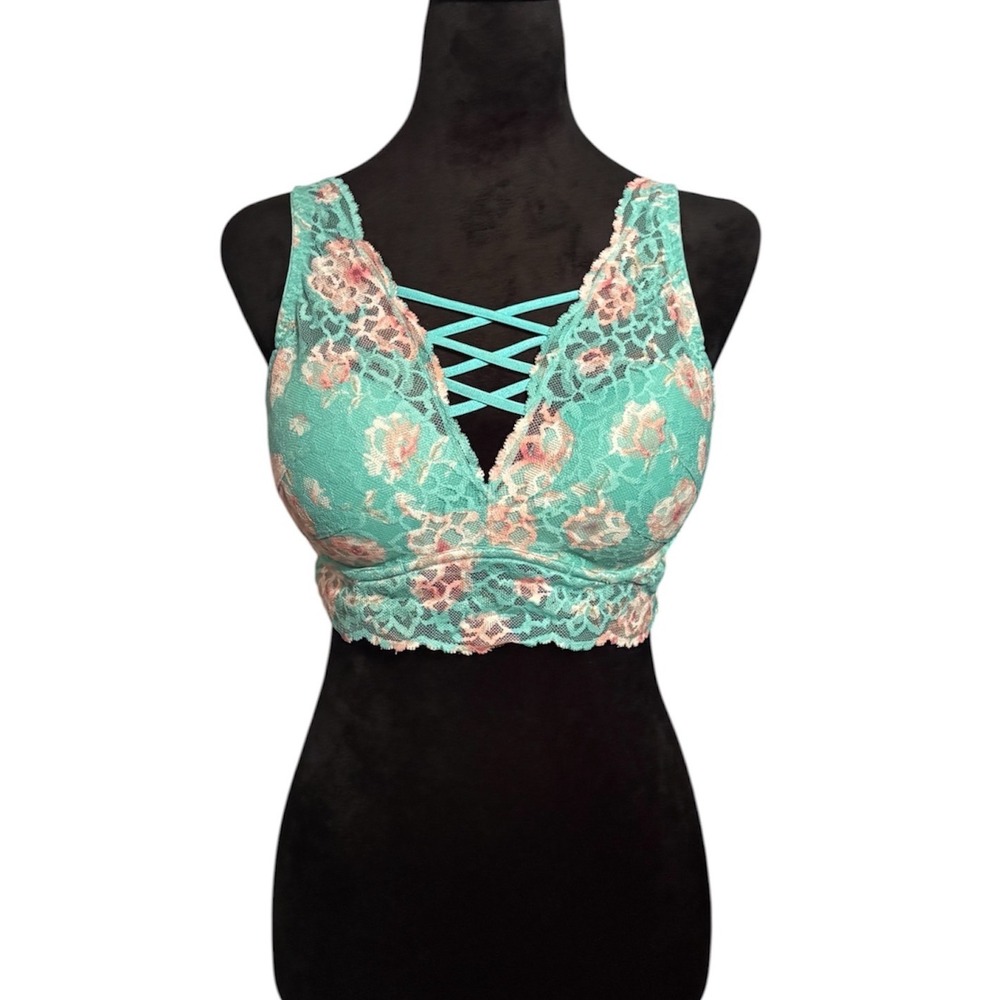 Victoria's Secret PINK Push Up Bralette M Teal Excellent Floral‎ Lace